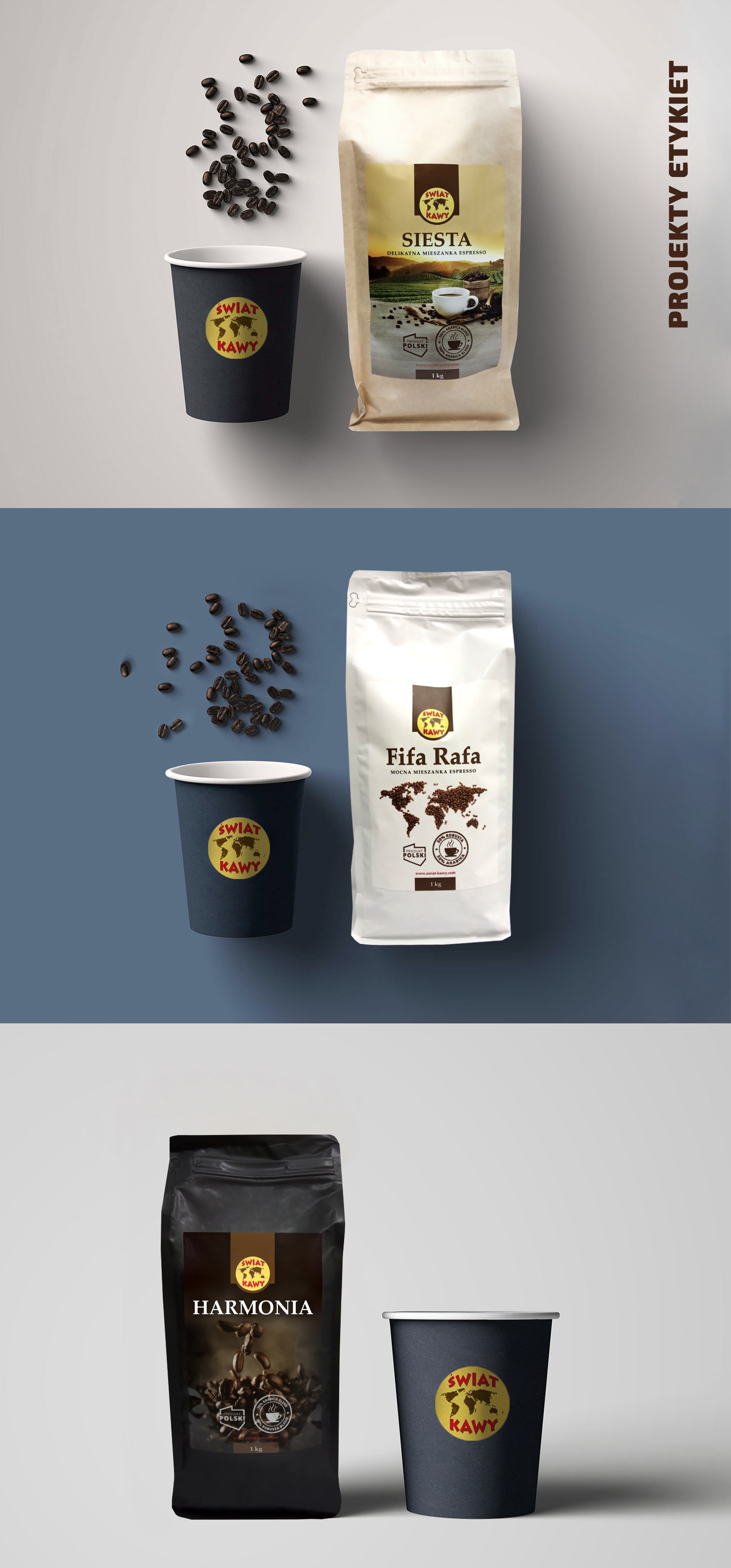 Projekt graficzny etykiet dla seri serii kaw dla firmy Świat Kawy